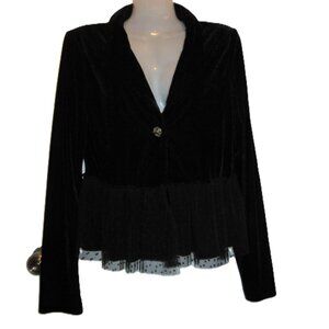 Vintage Black Velvet Jacket, Polka Dot Lace Ruffle & Rose Button Large Olsenboye